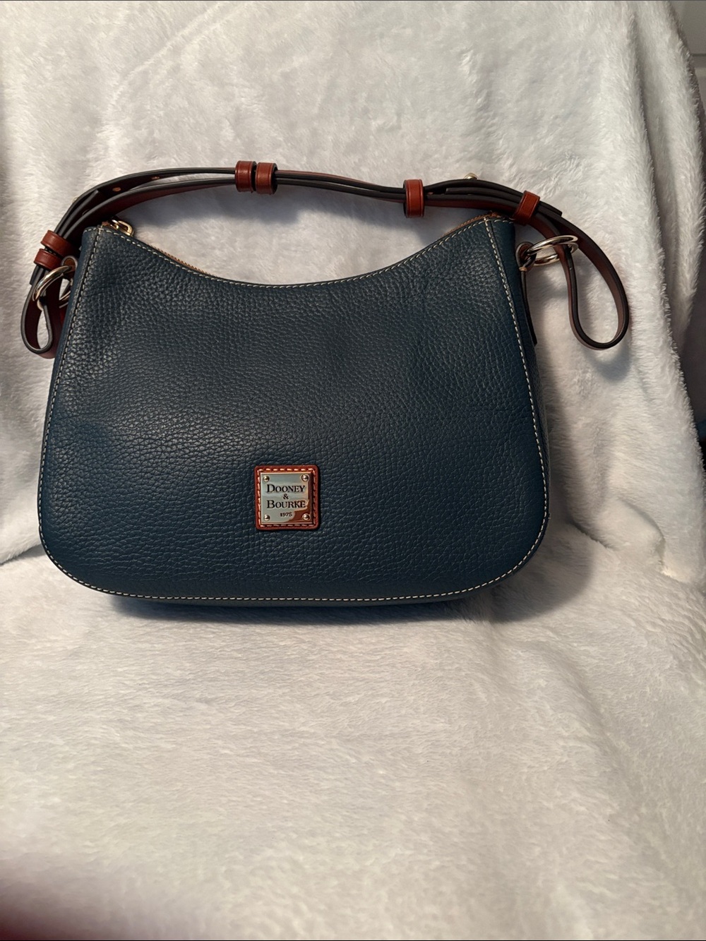 Dooney & Bourke Teal Pebble Leather Shoulder Bag with Brown Trim